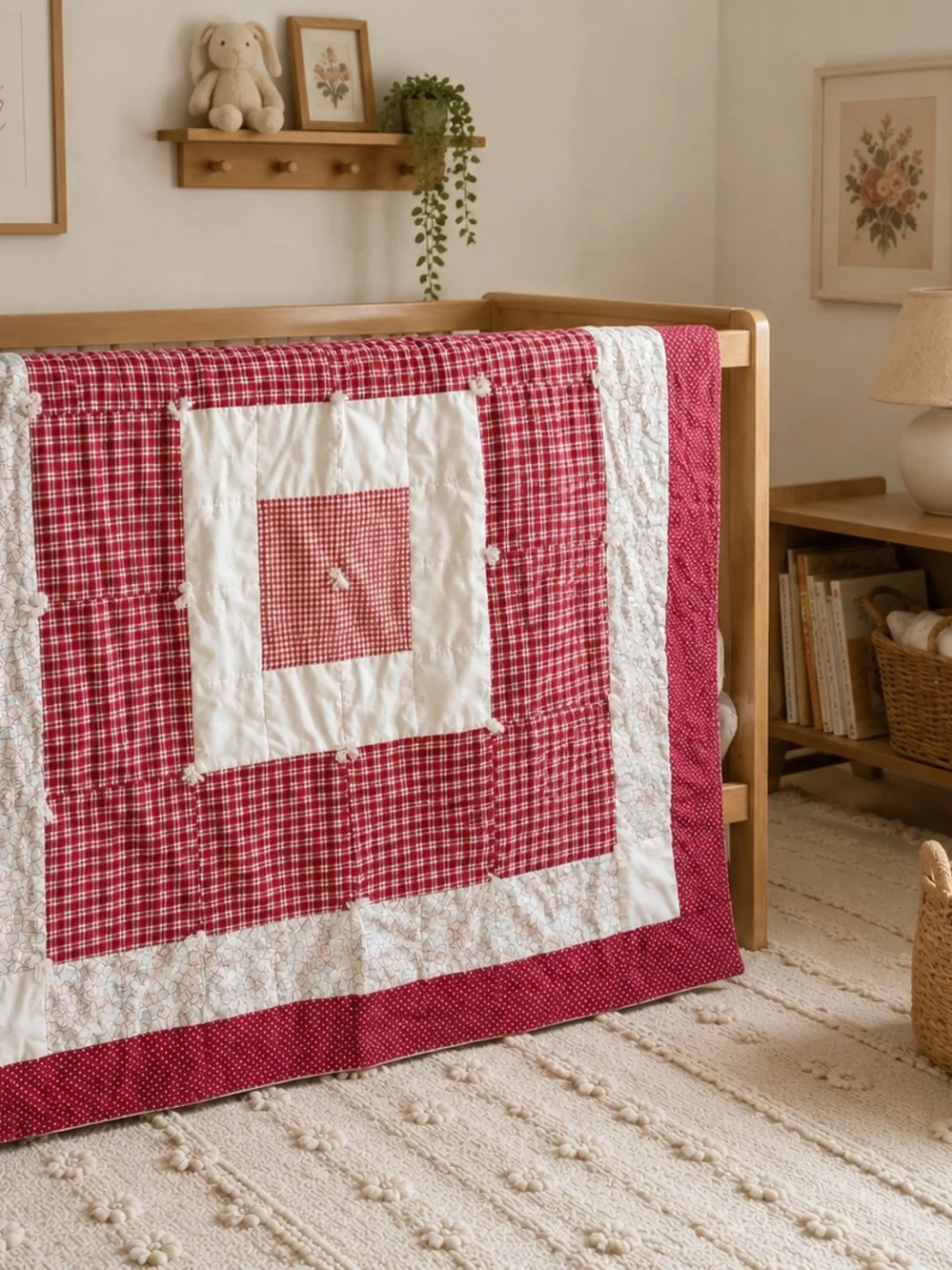 Red & White Patchwork Homemade Baby Quilt